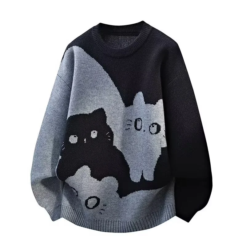 الشتاء الرجال أنيمي القط الجاكار Crewneck محبوك البلوزات الهيب هوب موضة الجرافيك المطبوعة Y2K لاعبا الشارع الشهير متماسكة البلوفرات