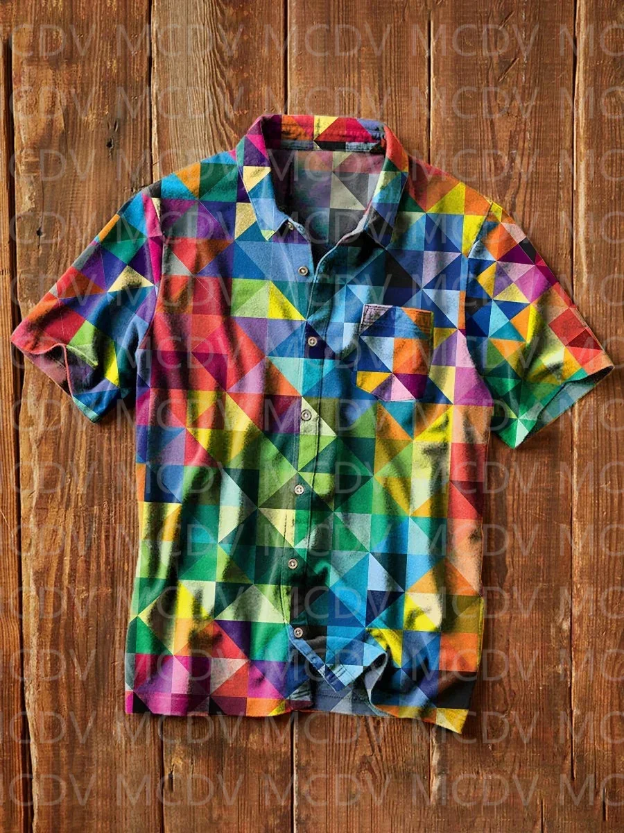Retro Rainbow Maze Art Peacock Feathers plaid  Aloha Tie Dye Hippie Peace And Love Graphic Men's Vacation Beach Hawaiian Shirts