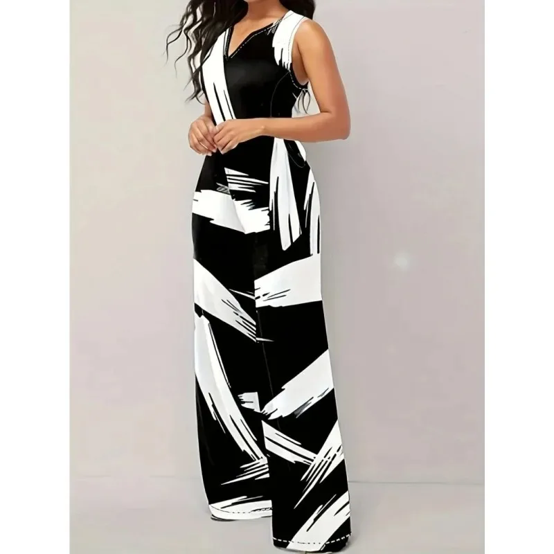 

Graffiti Print Drawstring Wide-Leg Jumpsuit Spring Summer Sleeveless Casual Jumpsuit for Women