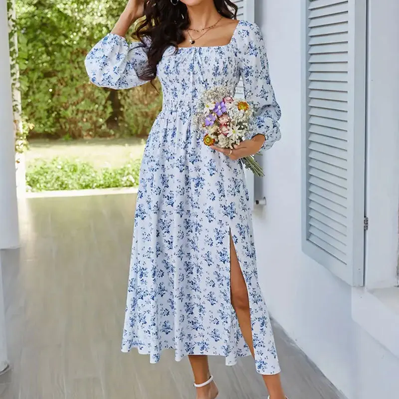 Vestido romántico y elegante para mujer, Falda larga con cuello cuadrado, manga larga, abertura Floral, primavera y verano, novedad