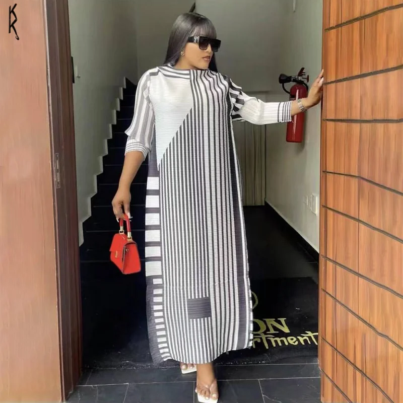 New Miyake Pleated Stripe Dress Fashion Relaxed Party Temperament Long Dresses 2023 Spring and Summer Elegant Women Clothing