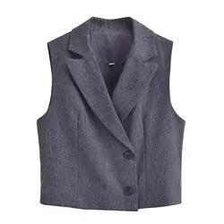 Tangada Women 2024 Tweed Crop Waistcoat Vintage V Neck Sleeveless Female Outerwear 6P003