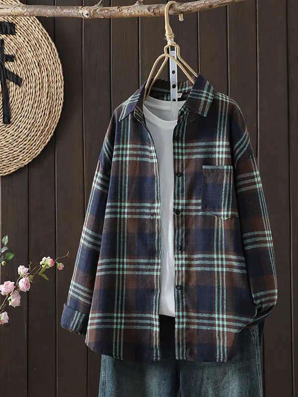 Women's plus Size Shirt Checkered Long Sleeve Turn-down Collar Button-up Slimming Versatile Mid-length Coat Artistic Loose Fit