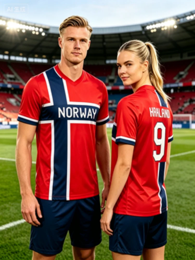 Men Women Norway Haaland No.9 Soccer Jersey Norway Cross Flag Print Quick Dry Short Sleeve Football Fan Training Sports T Shirt