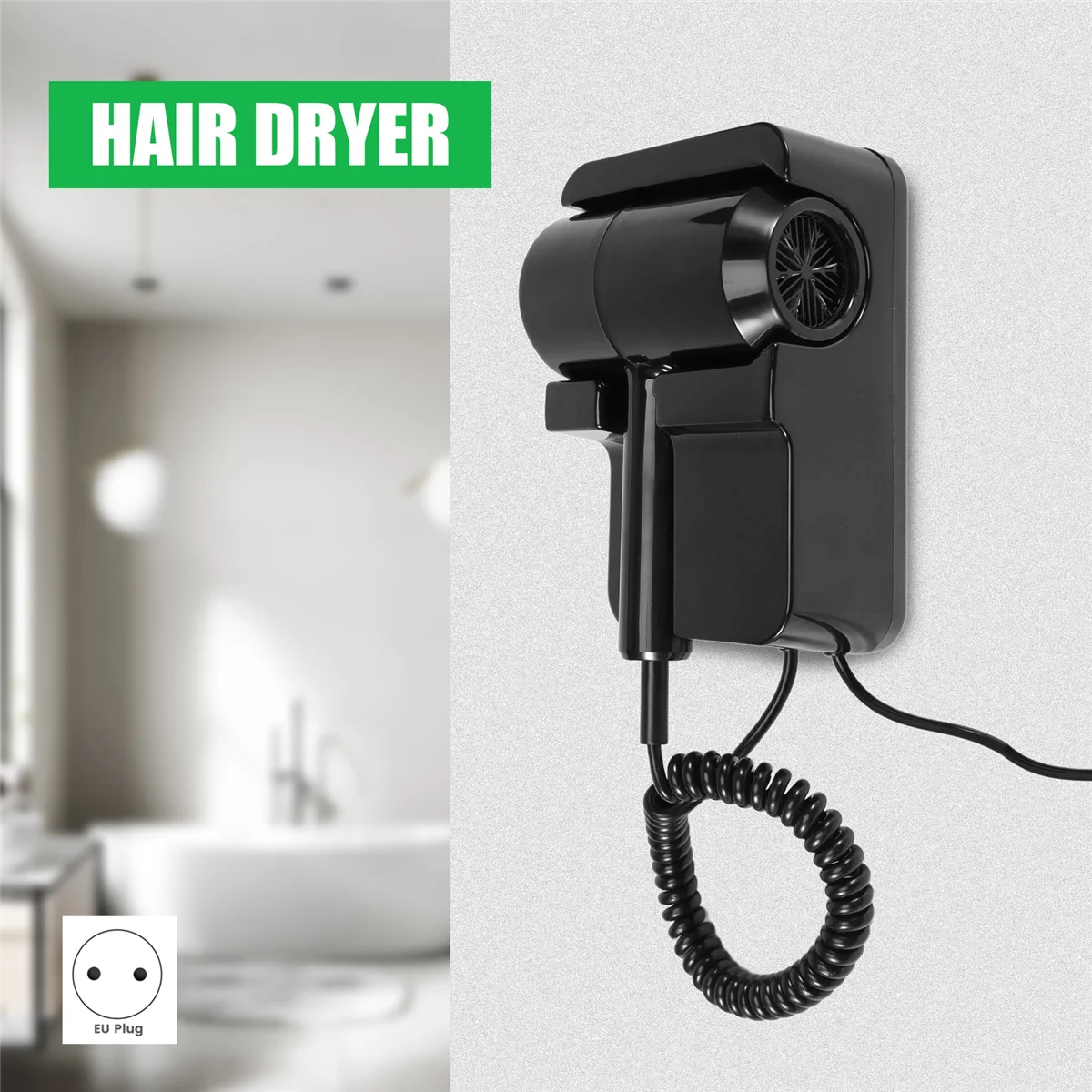 GMDQ Hot&Cold Wind Blow Hair Dryer Electric Wall Mount Bathroom Hotel Negative Ion Blower with USB Bracket Black EU Plug