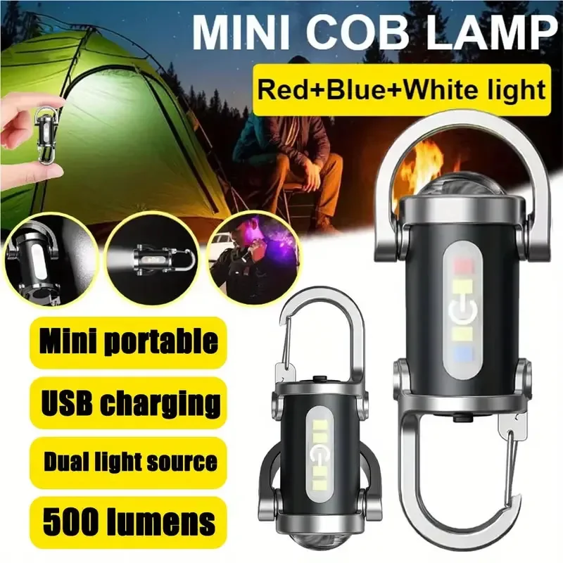 Mini Keychain Flashlight Rechargeable Pocket COB Working Light Outdoor Hook Emergency Warning Light for Camping Walking Hiking