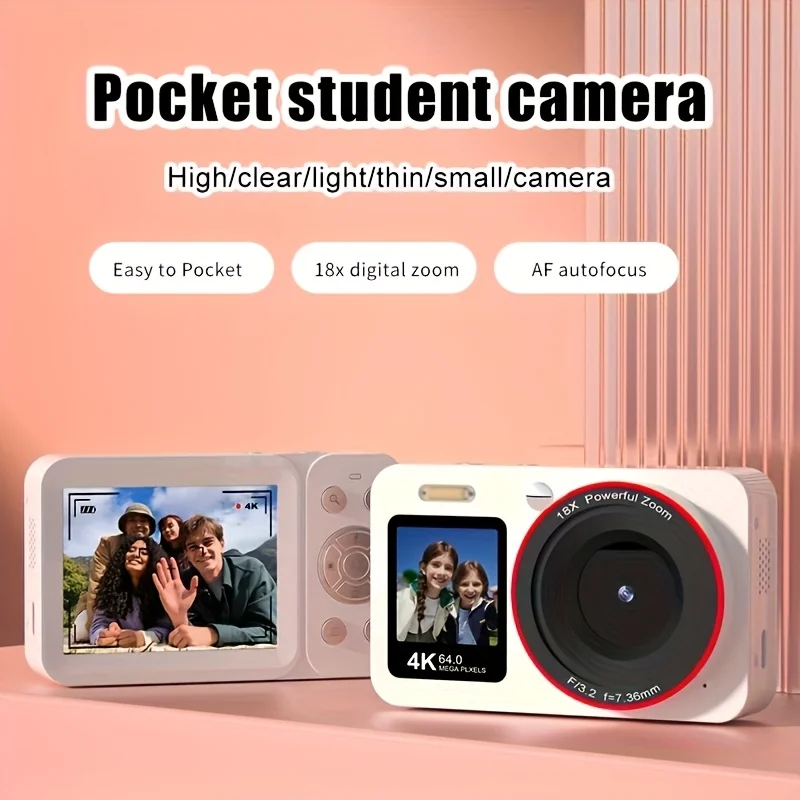 

Мини-студенческая цифровая камера CCD с двойным экраном, портативная камера с 18-кратным зумом, 64 МП, автофокусом, 1080P, видеокамера для записи в путешествиях