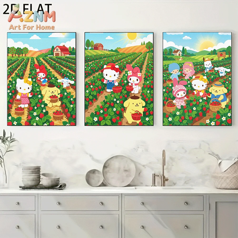 AZNM Sanrio Hello Kitty Friends Strawberry Farm Canvas Wall Art Unframed Cute Cartoon Country Fruit Picking Farmland Scenery Pai