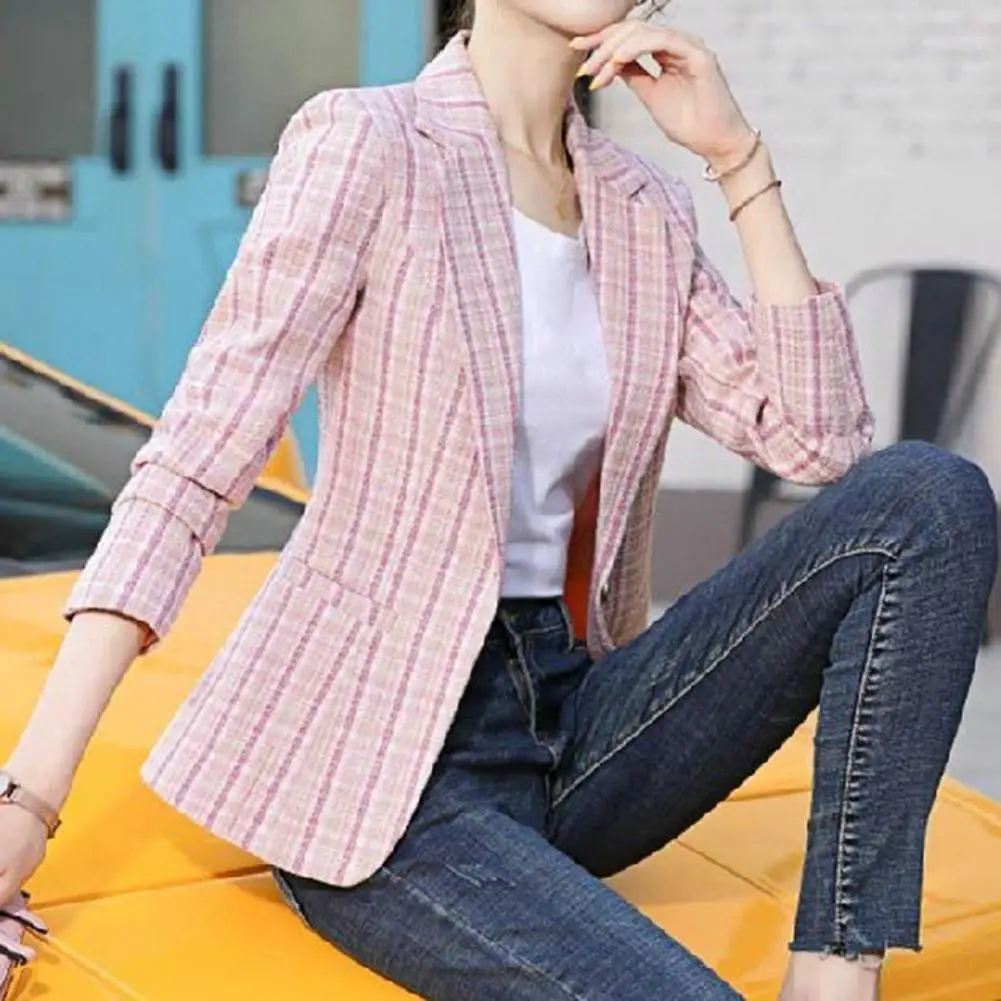 

Women Blazer Plaid Print Contrast Color Turn-down Collar Cardigan Long Sleeves Warm Business Anti-wrinkle Autumn Coat for Work