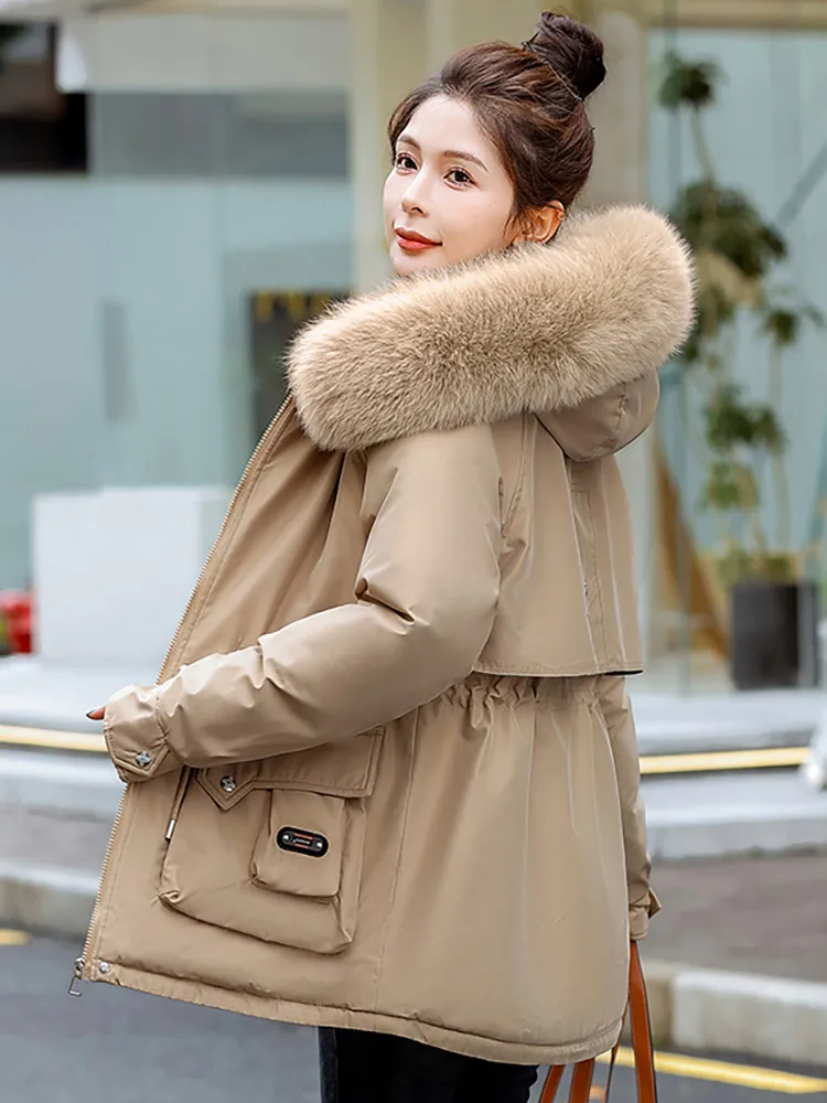 Vielleicht 2024 New Winter Women Jackets Coat Clothes Vintage Wool Liner College Style Medium Length Fur Hooded Parkas Outwear