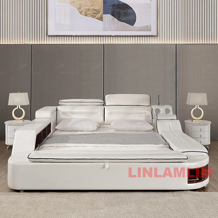 Upholstered King/Queen Size Bed, Modern Genuine Leather Platform Bed Frame with Storage, Adjustable Headboard, LED Light & USB - view 3