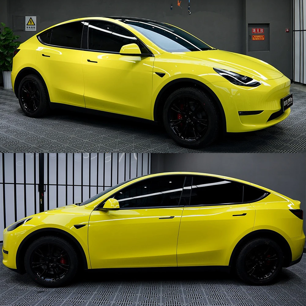 1.52*18m PET Super Gloss Lemon Yellow Car Wrap Vinyl Film For Car Body Decoration Styling Sticker