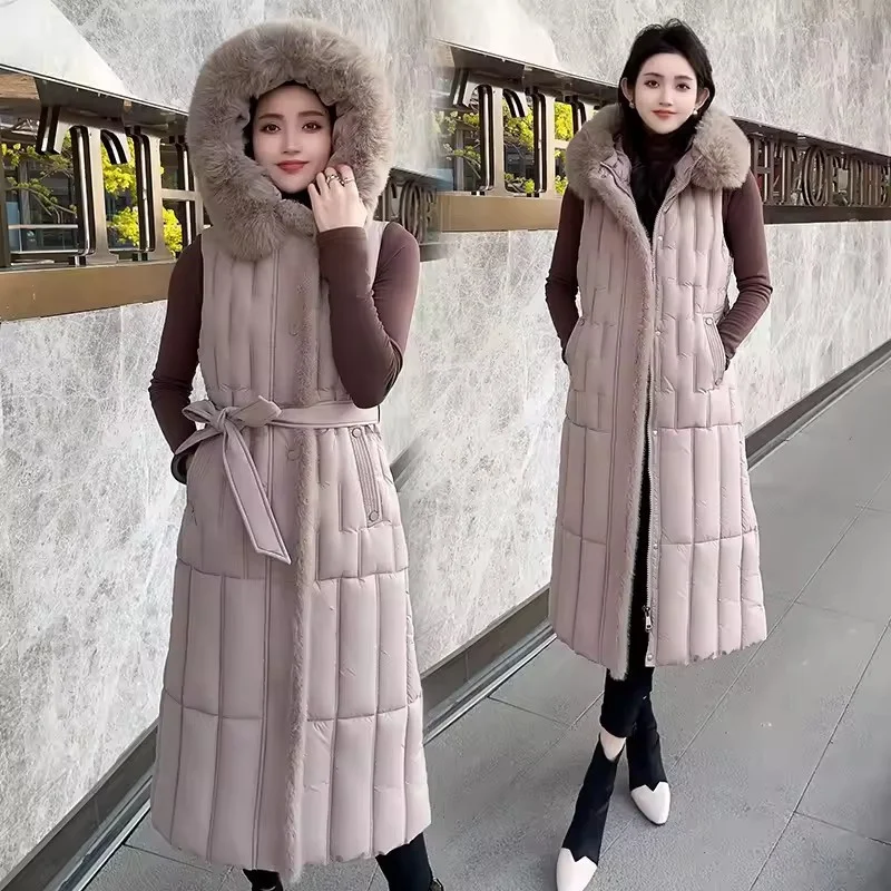 الشتاء رشاقته طويلة أسفل القطن سترة المرأة ملابس خارجية موضة جديدة تقليد الصوف طوق حزام أكمام مقنعين صدرية الإناث #1