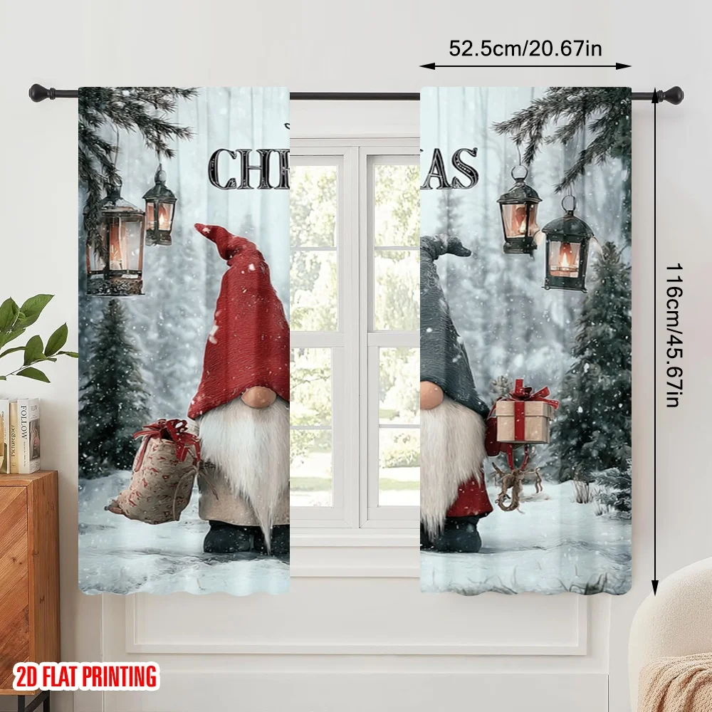 2pcs,2D plane printing Window Curtain Merry Christmas Merry Christmas gnome with red hat in snow scene Polyester Fabric (without