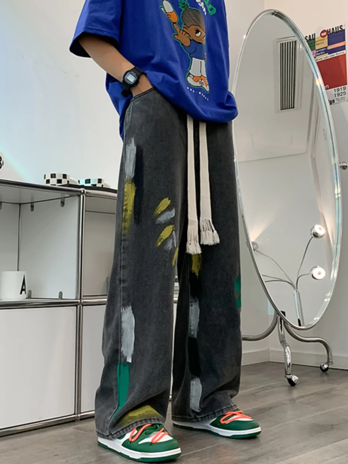 

Summer Thin Men's Straight Leg Jeans Dyeing Effect Elastic Waist Slim Fit Nine Points Japanese Retro Sle fiti Print Denim