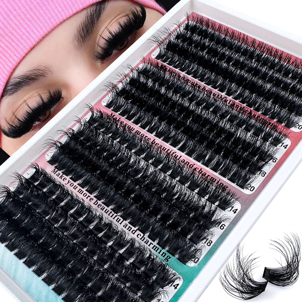 60D-200D DIY Cluster-Wimpern 0,07mm 14-20mm Gemischte D/DD Curl Natürlicher Flauschiger Stil Dramatische Wimpern Wiederverwendbar