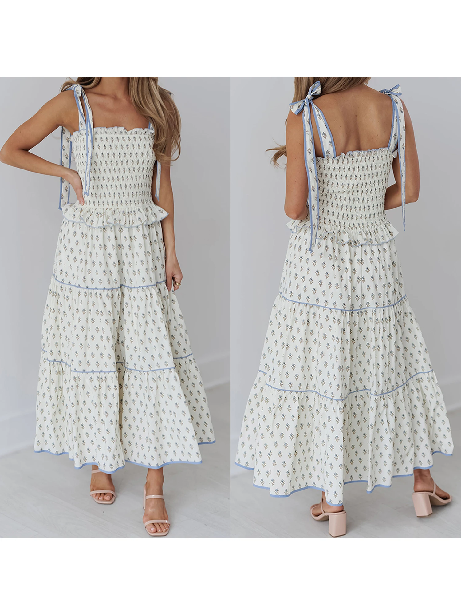 Abito lungo senza maniche con stampa floreale con spalline allacciate e scollo a V Abito casual da donna alla moda estiva