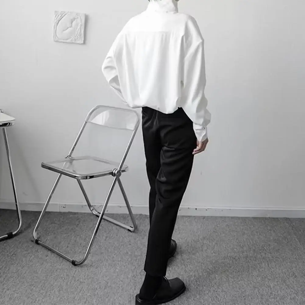 Black Men's Long-sleeved Shirts, Summer White Stand-up Collar Shirt, Fashionable Casual Top With Pockets Loose Fit Pullover Tops