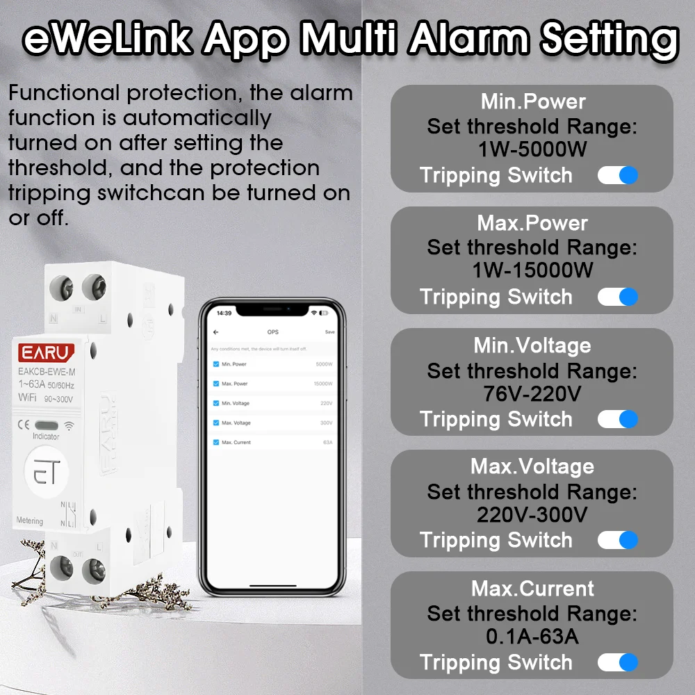 EARU Tuya EWeLink App Smart WiFi MCB Schutzschalter Strom Spannung kWh Energiemesser Schutzschalter Zeitrelais Fernbedienung – Detail 9