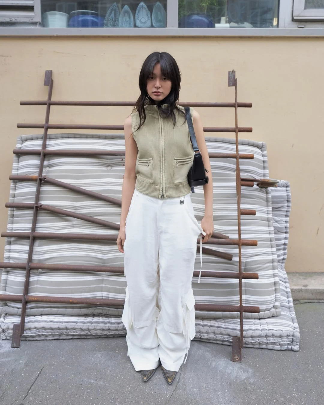 

Honey Honey White Work Pants with Multiple Pockets Casual Pants Black Fringed Wide Leg Trousers
