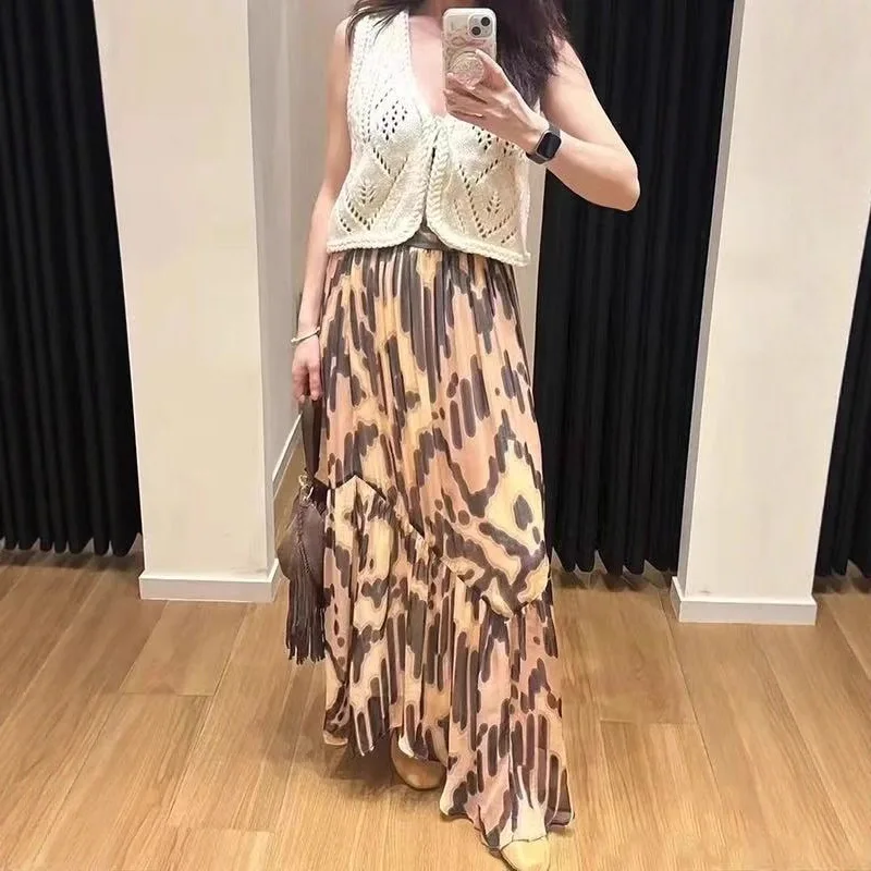 

Retro Leopard Print Asymmetrical Hem Elastic Waist Midi Skirt Polyester Fiber Vintage Sle Mid-Year Autumn New Arrival
