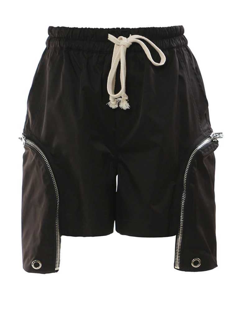 HUISONG 여성 블랙 불규칙한 지퍼 드로우 스트링 와이드 레그 반바지 새로운 하이 웨이스트 바지 패션 조수 봄 여름 2025