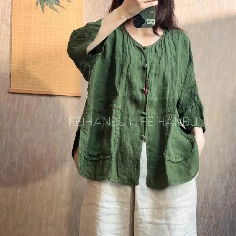 

New Arrival Spring Summer Arts Style Women 3/4 Sleeve Loose Blouse Tops Vintage Single Breasted Cotton Linen O-neck Shirt F7711