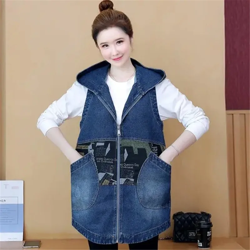 

Spring Autumn New Print Patchwork Hooded Denim Vest Top Jacket Women's Mid length Sleeveless Coat Casual Zipper Waistcoat Female