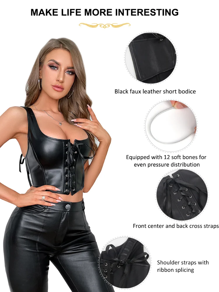 Lady Sexy Lace Up Corsets Top Black Straps Bustiers Plus Size Tight Clubwear Leather Boned Underbust Belt Lingerie With G-string