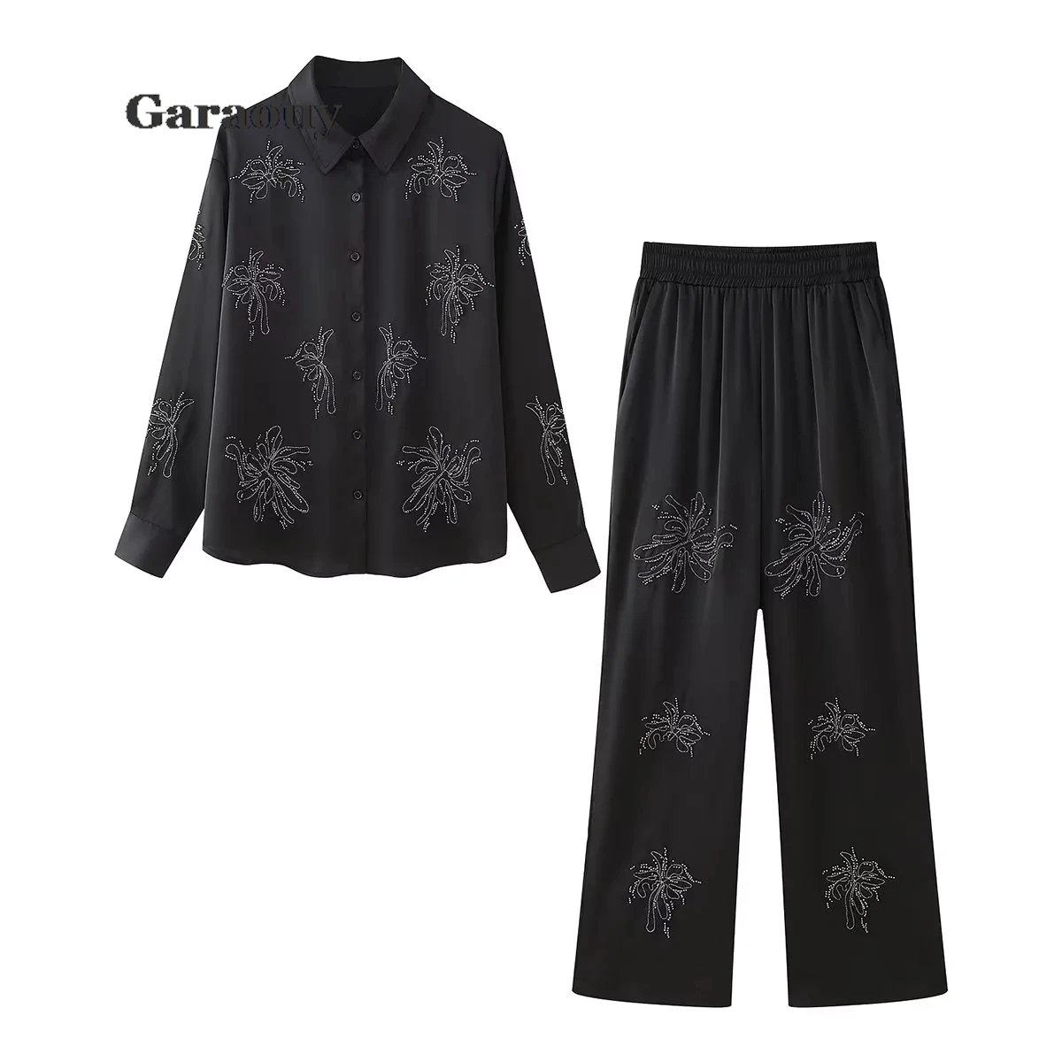 Garaouy Chic Bead Embroidery 2 Piece Pants Set Women Long Sleeve Lapel Tops High Waist Pants 2024 Lady Casual Vacation Outfit