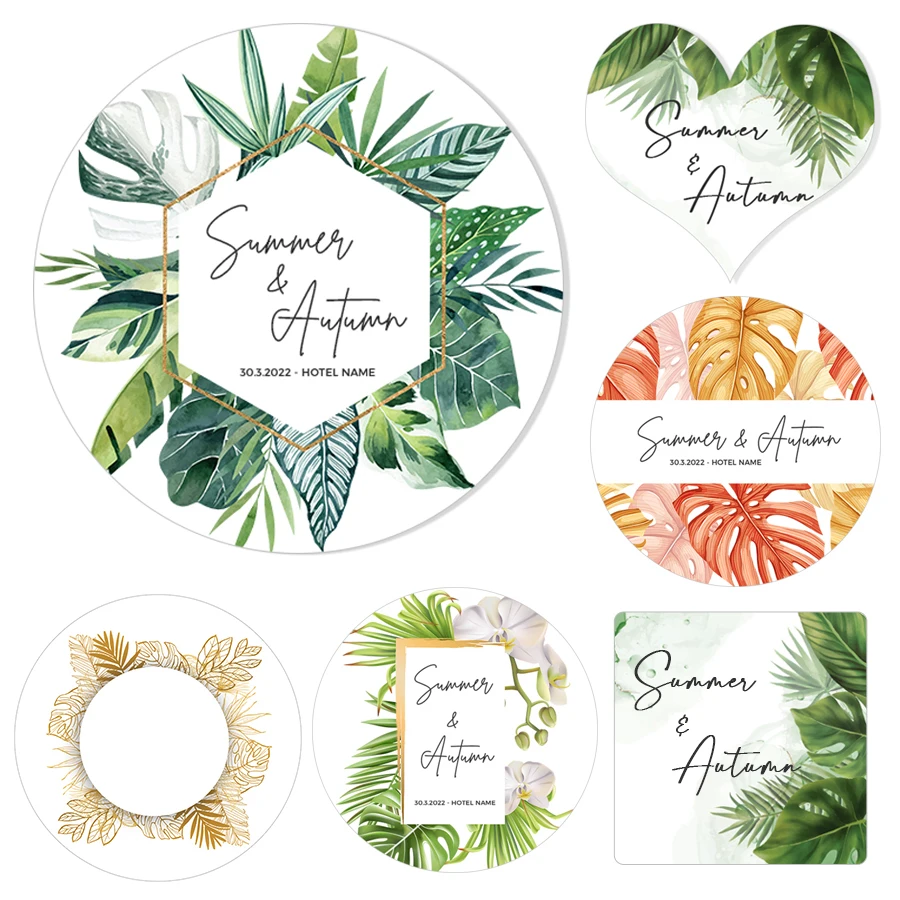 Tropical Palm Leaf Flowers Wedding Stickers Custom Name Date Baby or Bridal Shower Favor Stickers Round Heart Personalize Labels