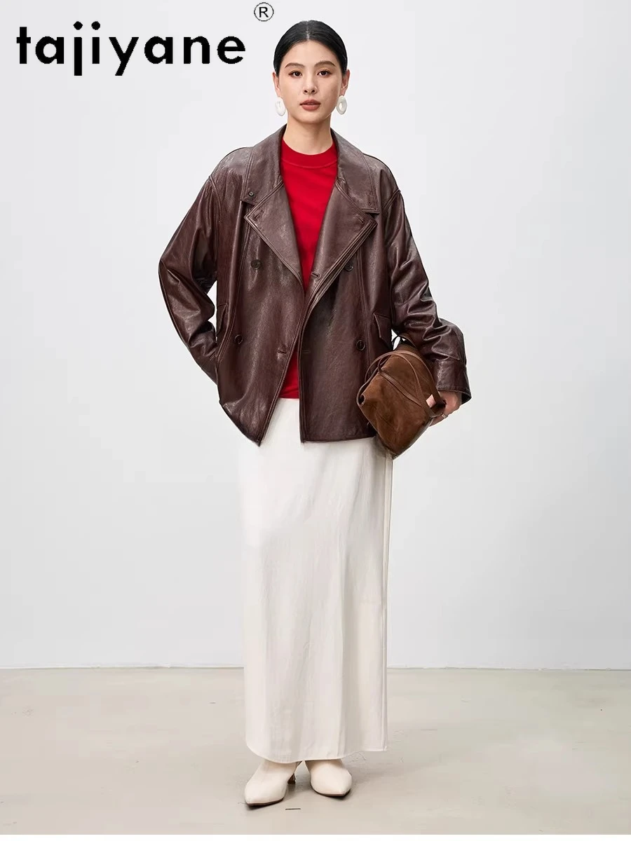 เสื้อแจ็คเก็ตหนังแกะแท้ TAJIYANE สำหรับผู้หญิง ทรงสั้นโอเวอร์ไซส์ แจ็คเก็ตหนังแท้ ฤดูใบไม้ร่วง 2025 เสื้อผ้าผู้หญิง