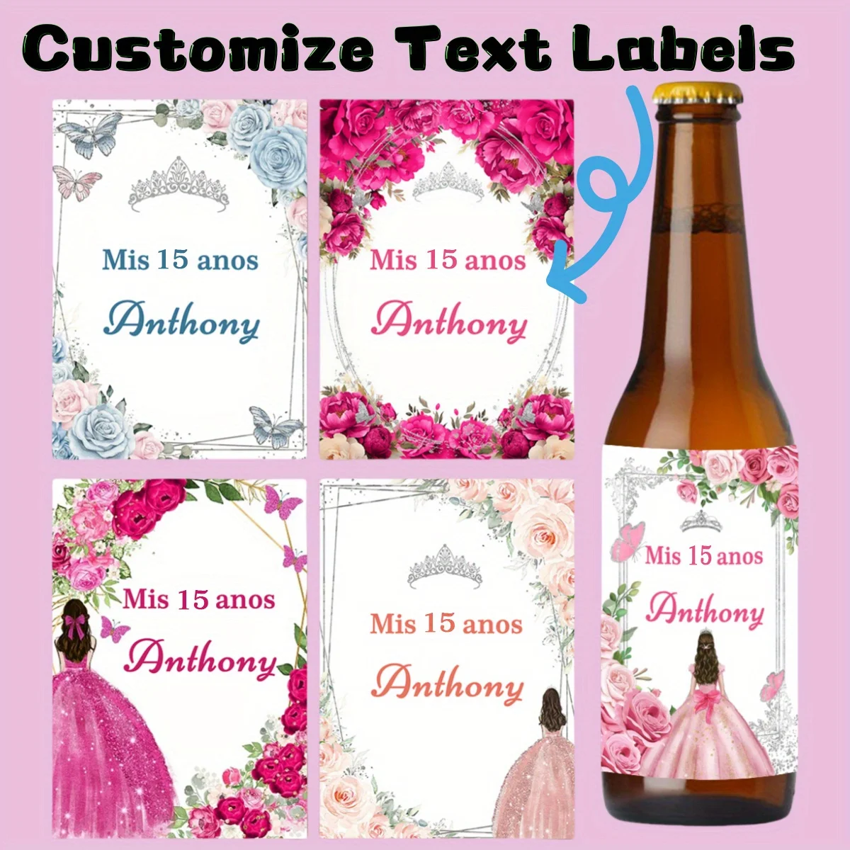 

Custom Rectangular Birthday Stickers, Wine Bottle Labels with Crown & Rose Patterns, DIY Age&Text,Romantic Decor for party