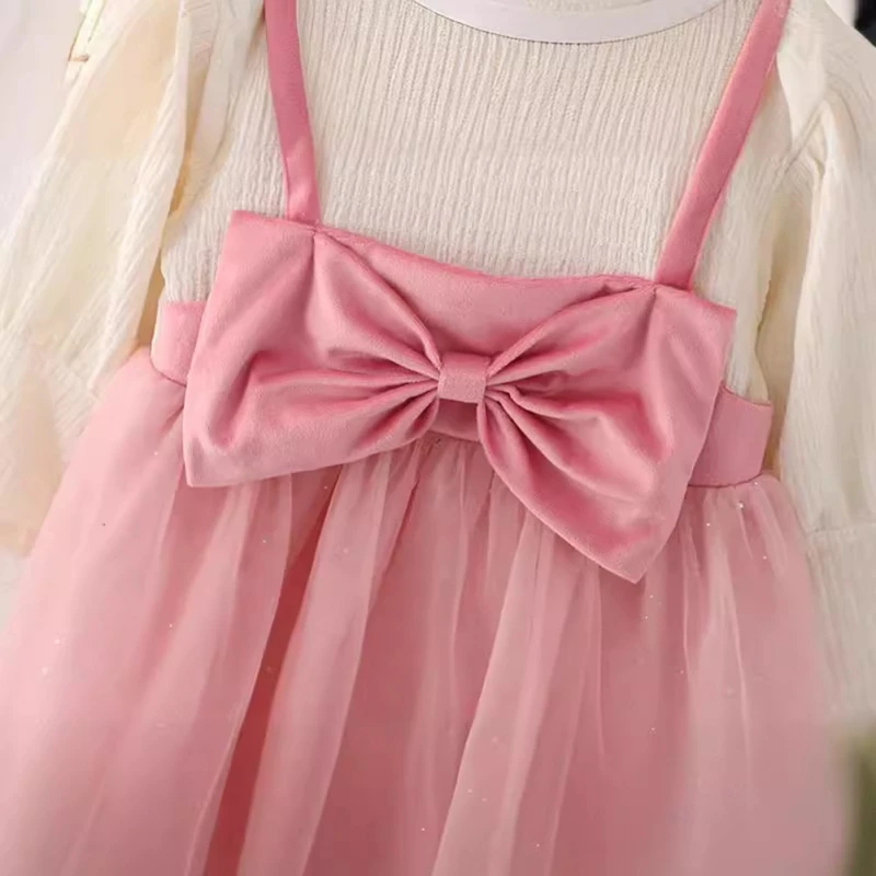 New Kids Baby Girl Long Sleeve Sweet Dress Fashion Bowknot Patchwork Mesh Casual Dress Fake Two Pcs Princess Dress Child Clothes