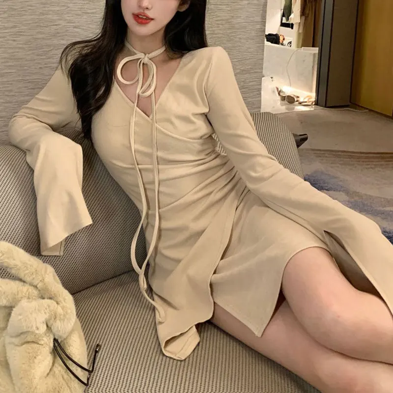 

Gentle Halter Drawstring Mini Dress Spring Autumn Casual Solid Color Women's Clothing French Style V-Neck Fashionable Dresses