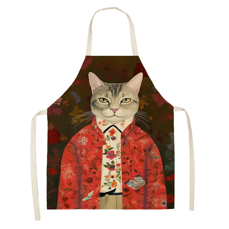 Women\'s kitchen apron oil painting style Restaurant chef barber Waterproof apron for menand child black cute cartoon cat 55×68