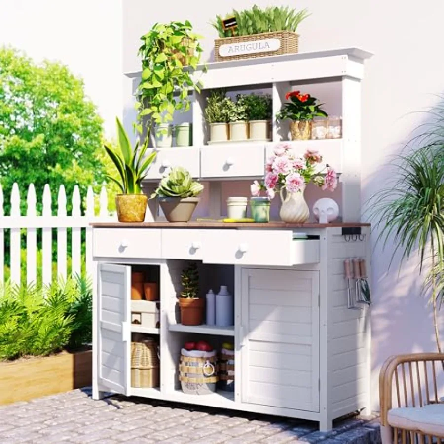 Garden Potting Bench Table with Hutch, Patio Storage Workstation with 3 Shelves, 6 Drawers, 2 Bottom CabinetsandSide Hooks for
