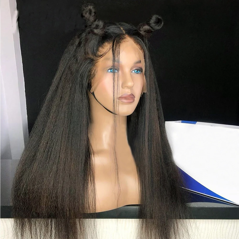 

Super Soft Kinky Straight Wig 30inch 180% Density Black Yaki Lace Front Wig For Women Synthetic Wigs Heat Temperature Glueless