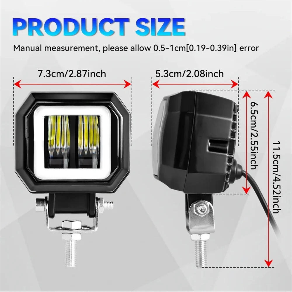 3 Inch 7D Lens LED Work Light Bar Square Car Headlight Halo For Motorcycle Jeeps ATV SUV 12V 24V Angel Eyes Driving Lights