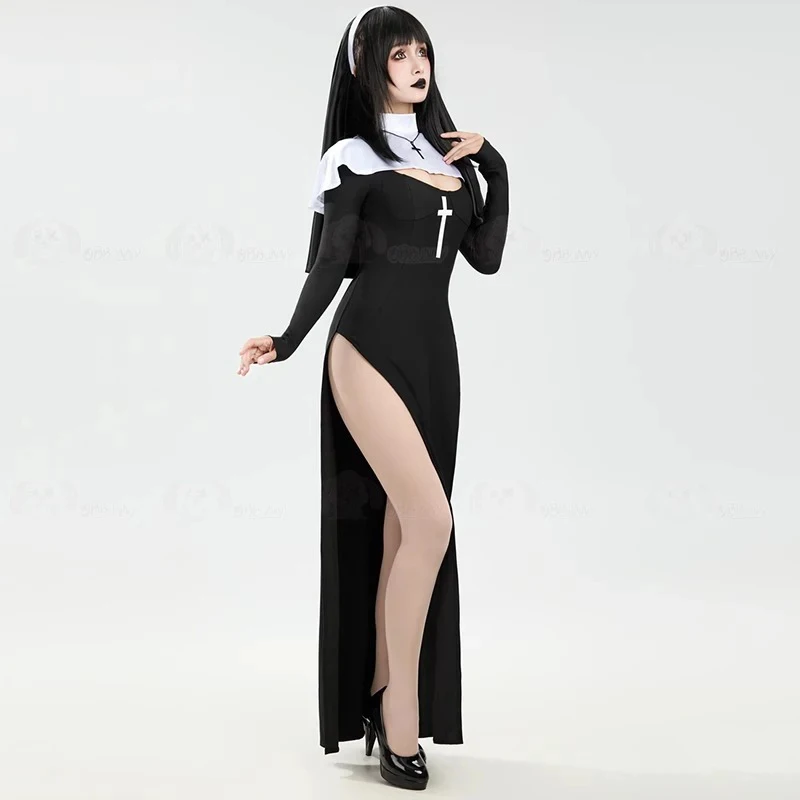 Costume de cosplay pour femmes, robe noire sexy à manches longues, coiffe, collier, uniforme de nonne gothique sombre, vêtements de carnaval d'Halloween