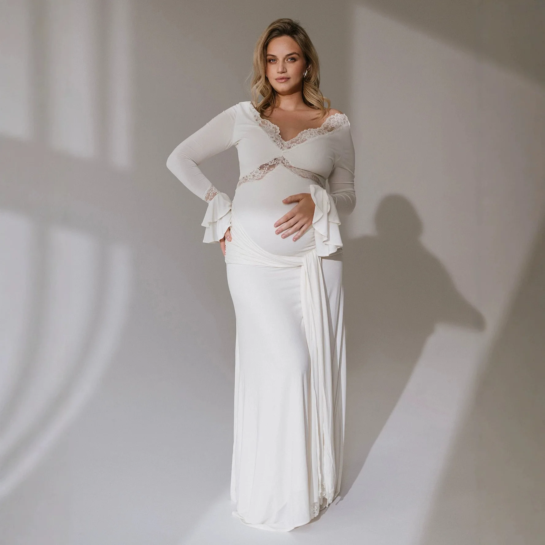 Maternity Dresses and Skirts Clothes for Pregnant Women Sexy White Lace Pregnancy Clothing Deep V Fashion Ruffled Sleeve