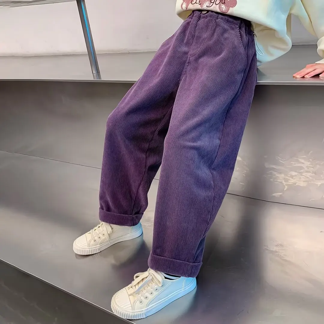 New Spring Autumn Casual Girls Pants Corduroy Straight Tube Style Trousers Fashion Sweet  Britches For 4-14 Years Kids