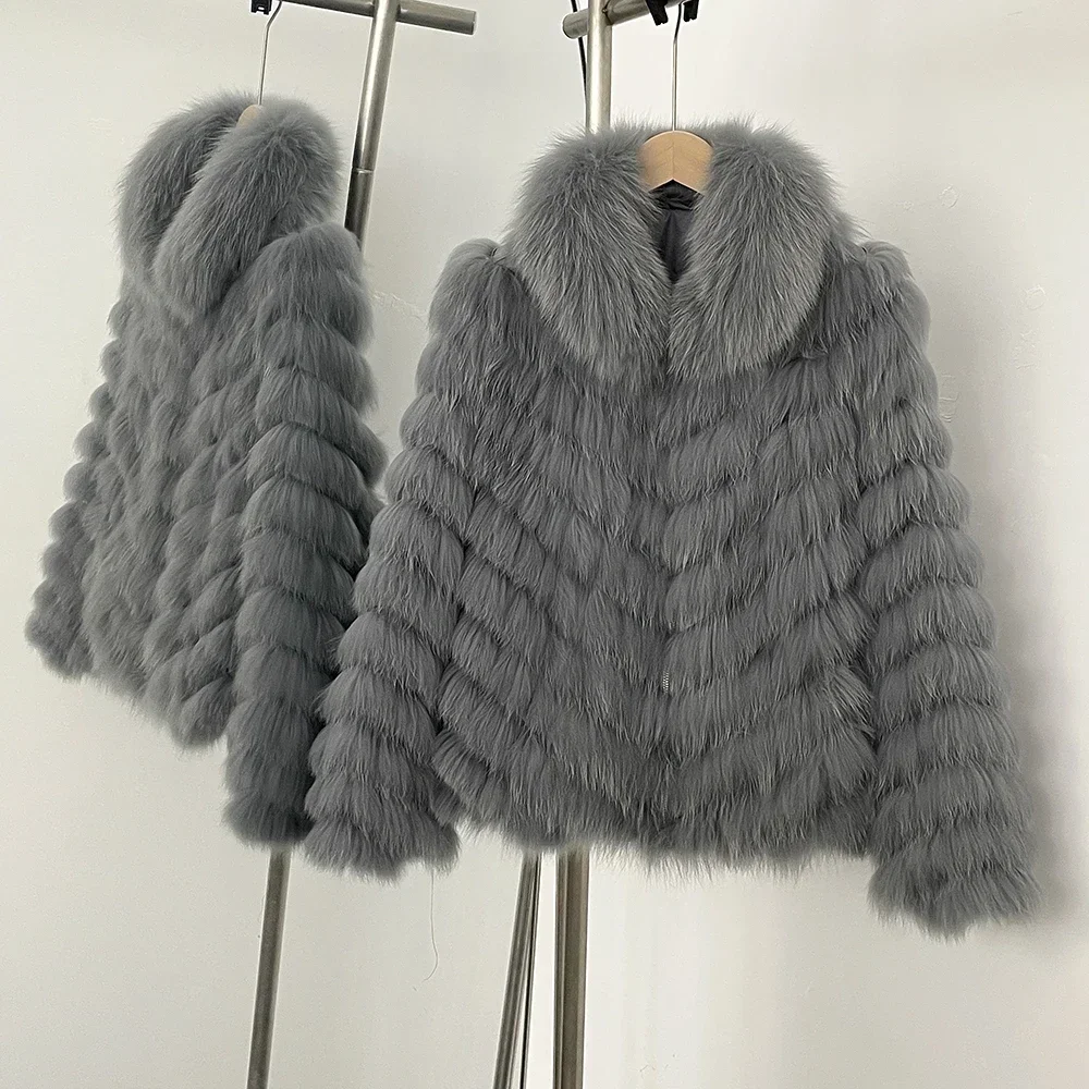 OFTBUY Neue Herbst-Winter-Oberbekleidung für Damen, Wendbare Stehkragen-Jacke aus echtem Fuchsfell, Chevron-Schnitt, kurze, abgeschnittene Naturpelzjacke – Detail 20