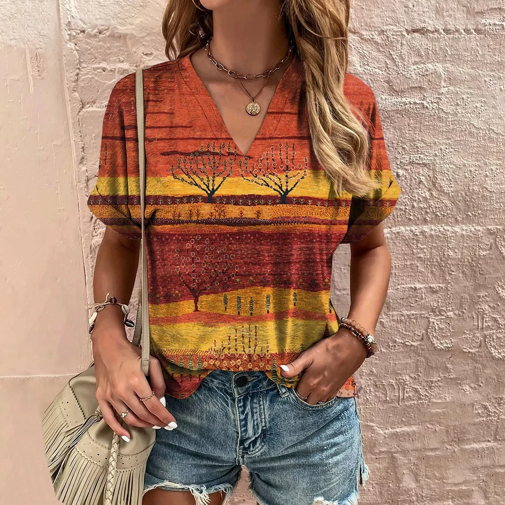 Vintage V-Neck Women\'s T-Shirt Summer Short Sleeve Tee Casual Harajuku Stripe Print T Shirt for Women Streetwear Pullover Tops