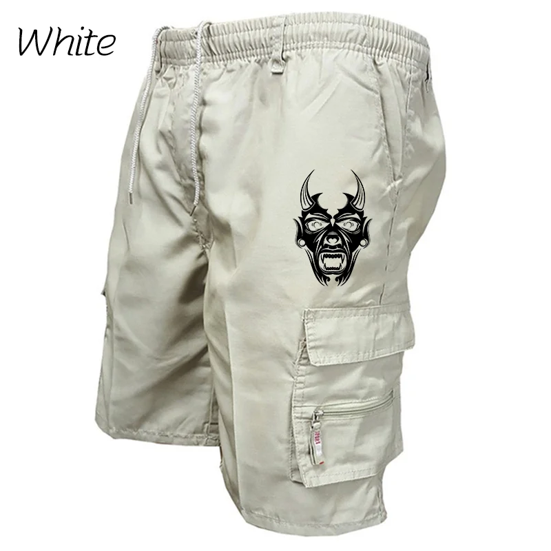 Men\'s Summer Cargo Shorts Casual Pants with Elastic Bands Fashionable Men\'s Clothing Japanese Ghost Face Printed New Workwear