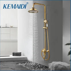 KEMAIDI Wall Mount Polish Gold Shower System 3 Functions Brass Exposed Shower Faucet with 8 Inch Shower head Bathtub Mixer