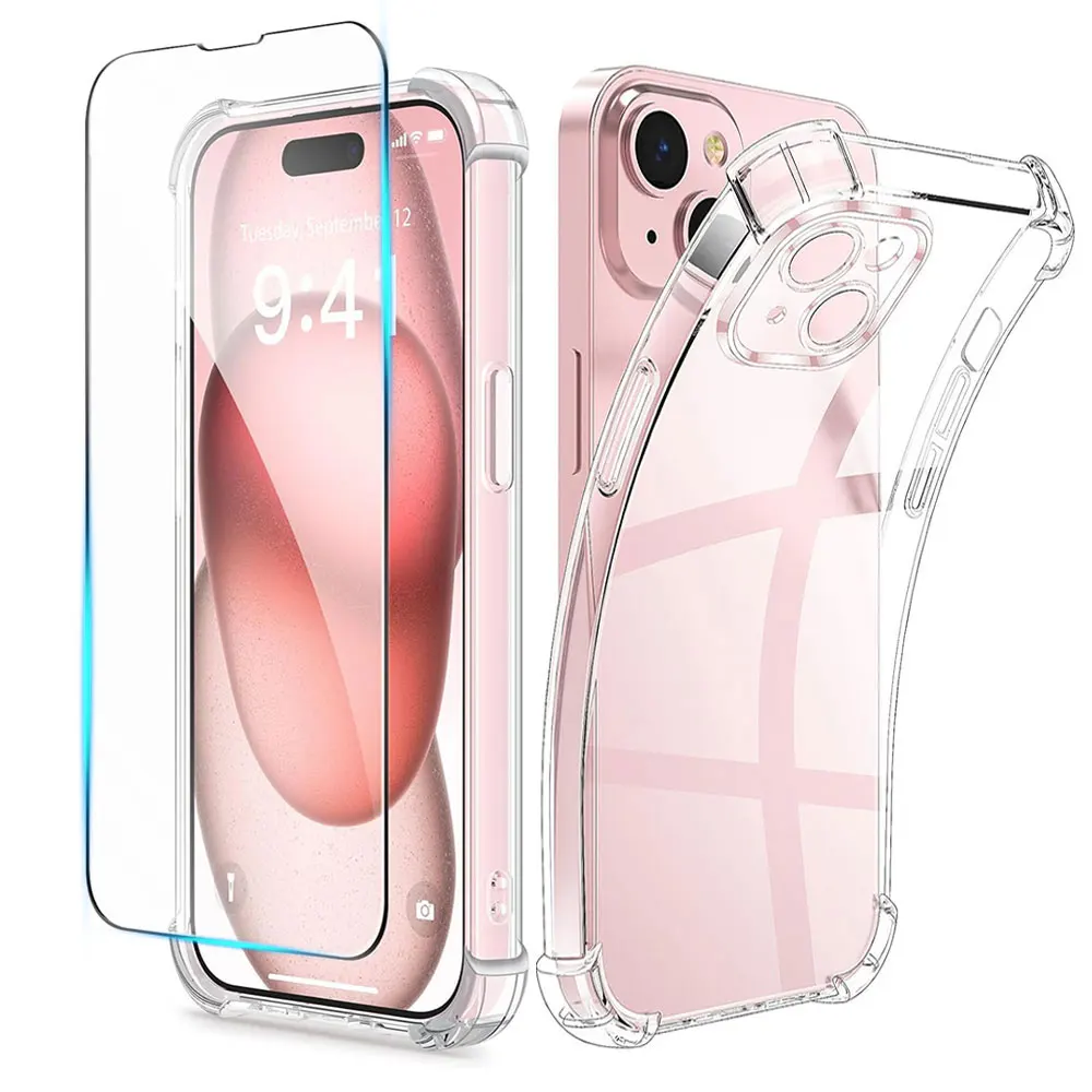 Shockproof Silicone Clear Case for iPhone 15 13 11 14 Pro Max 12 Mini X Xs Max XR 7 8 6 Plus Lens Protection Case Tempered Glass