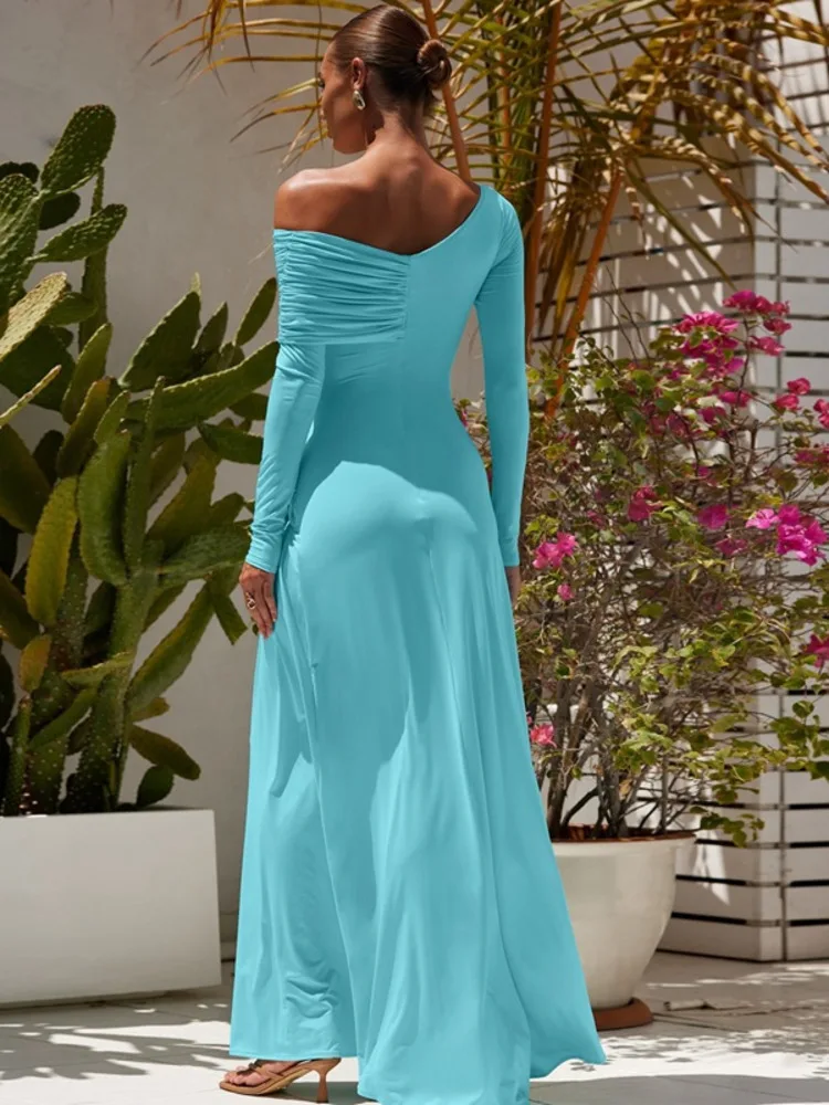 Articat sexy fora do ombro ruched vestido de manga longa feminino elegante bodycon sem costas festa vestido de noite outono novo 2025 vestidos