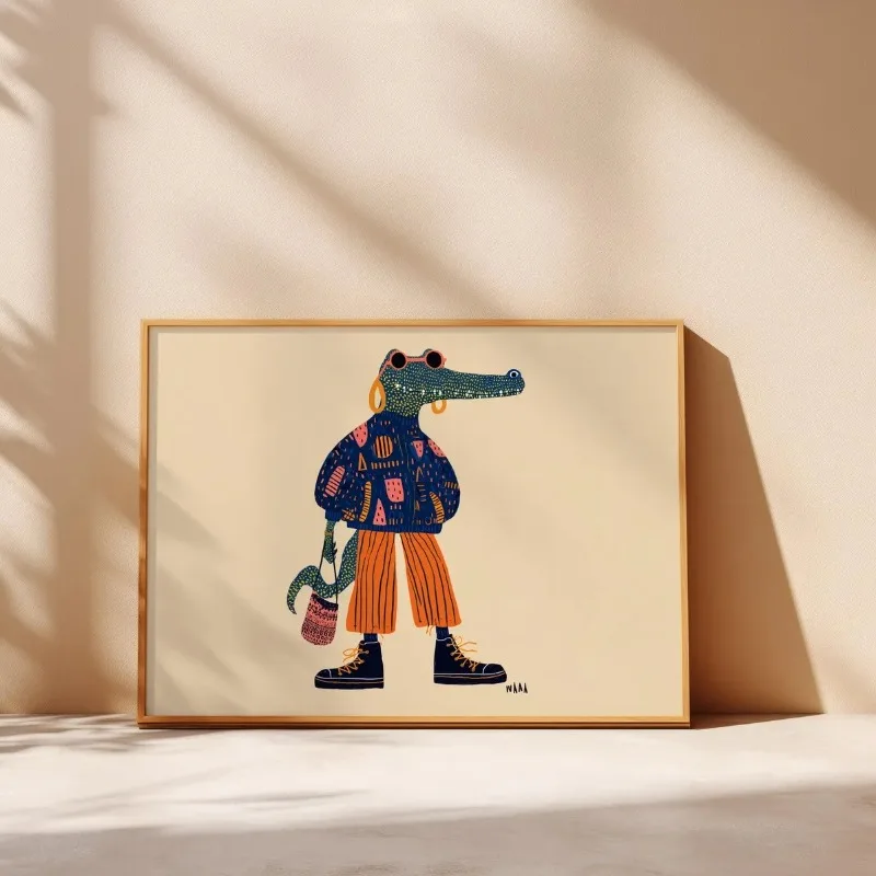 1pc Canvas Painting frameless Whimsical Animal Fashion Crocodile Art Print: Mid-Century Modern Colorful Wall Home Decor Frameles