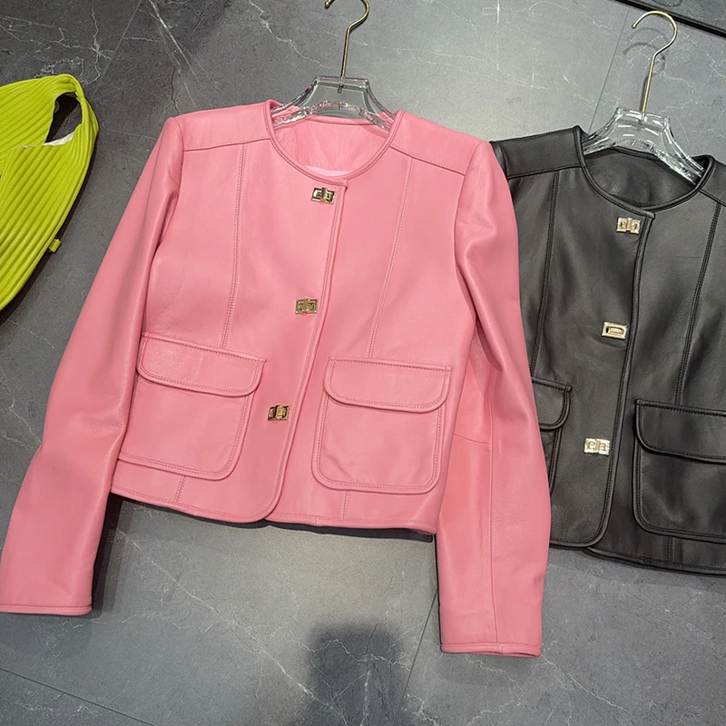 High Luxury Genuine Leather Jacket Women Single-breasted Short Coat Chic Ladies O-neck Long Sleeve Slim Sheepskin Jacket Outwear